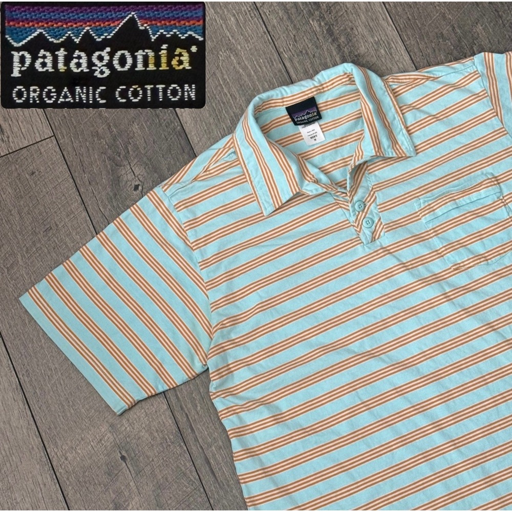 Y2K Patagonia Mens Organic Cotton Striped Polo Shirt Blue Orange Short Sleeve M